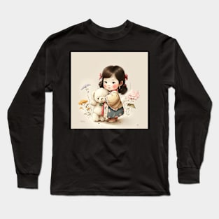 Cute Korean Traditional Girl Drawing Illustration Long Sleeve T-Shirt